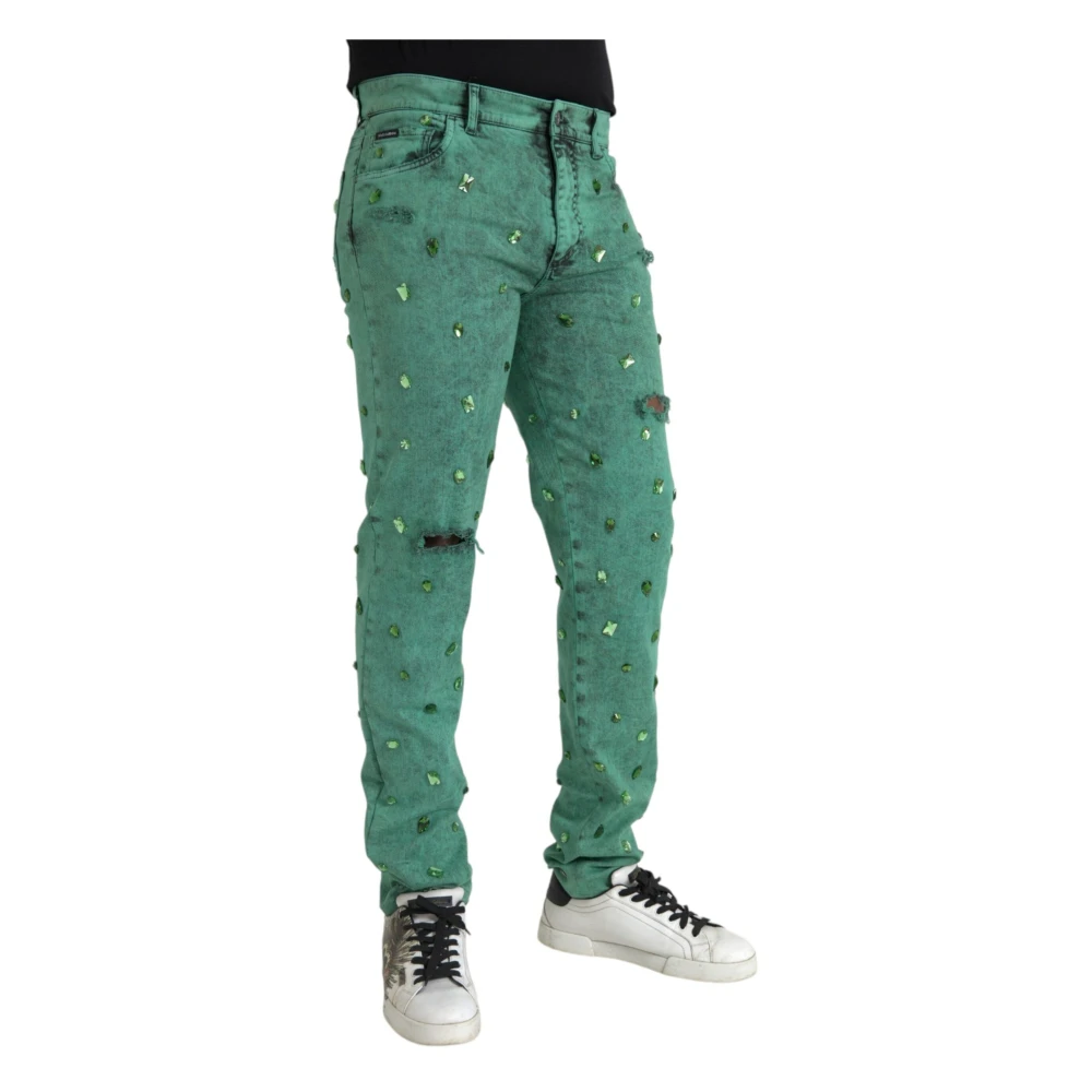 Dolce & Gabbana Groene Kristal Skinny Denim Jeans Green Heren