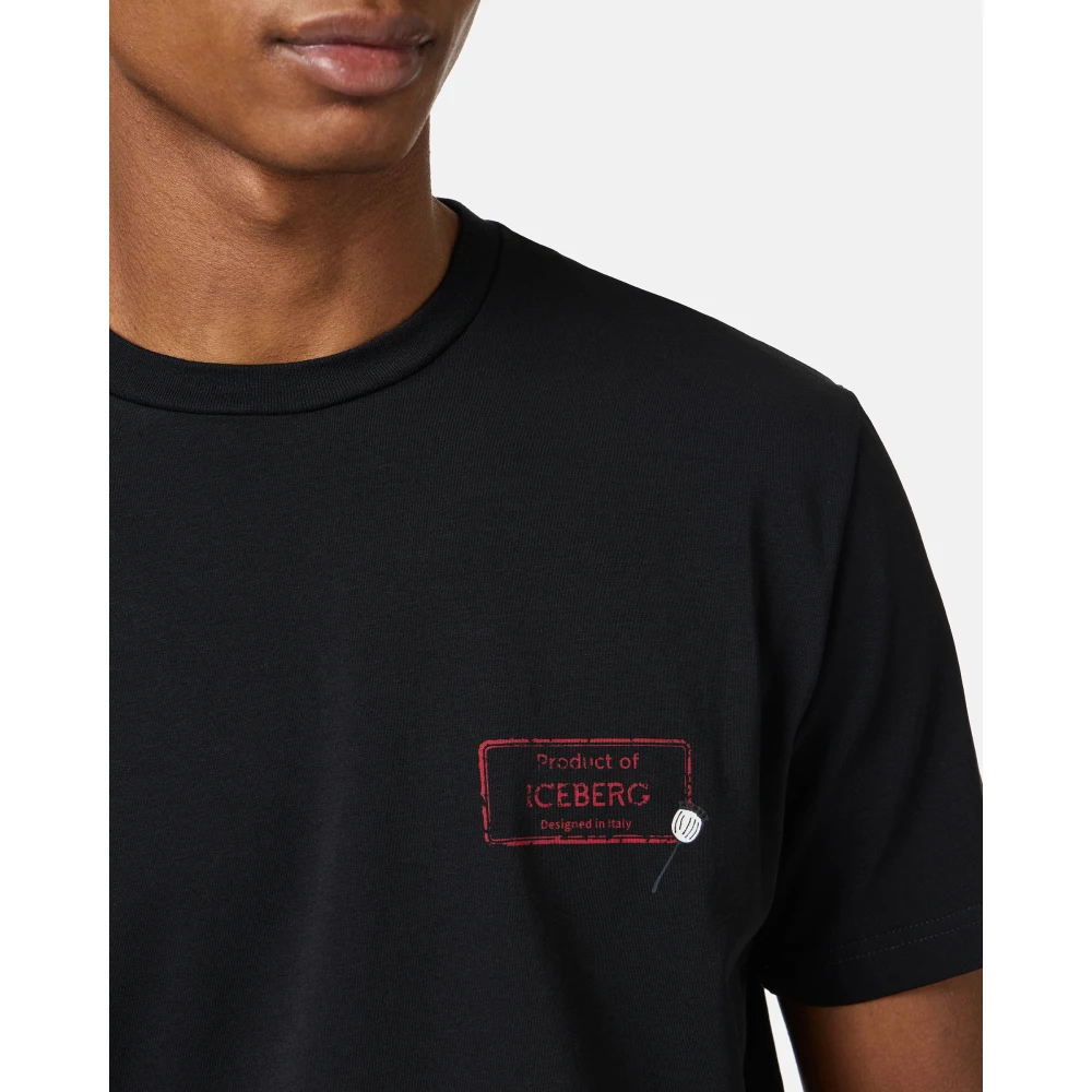 Iceberg Slim-fit zwart stretch katoenen T-shirt met Poppy-print Black Heren