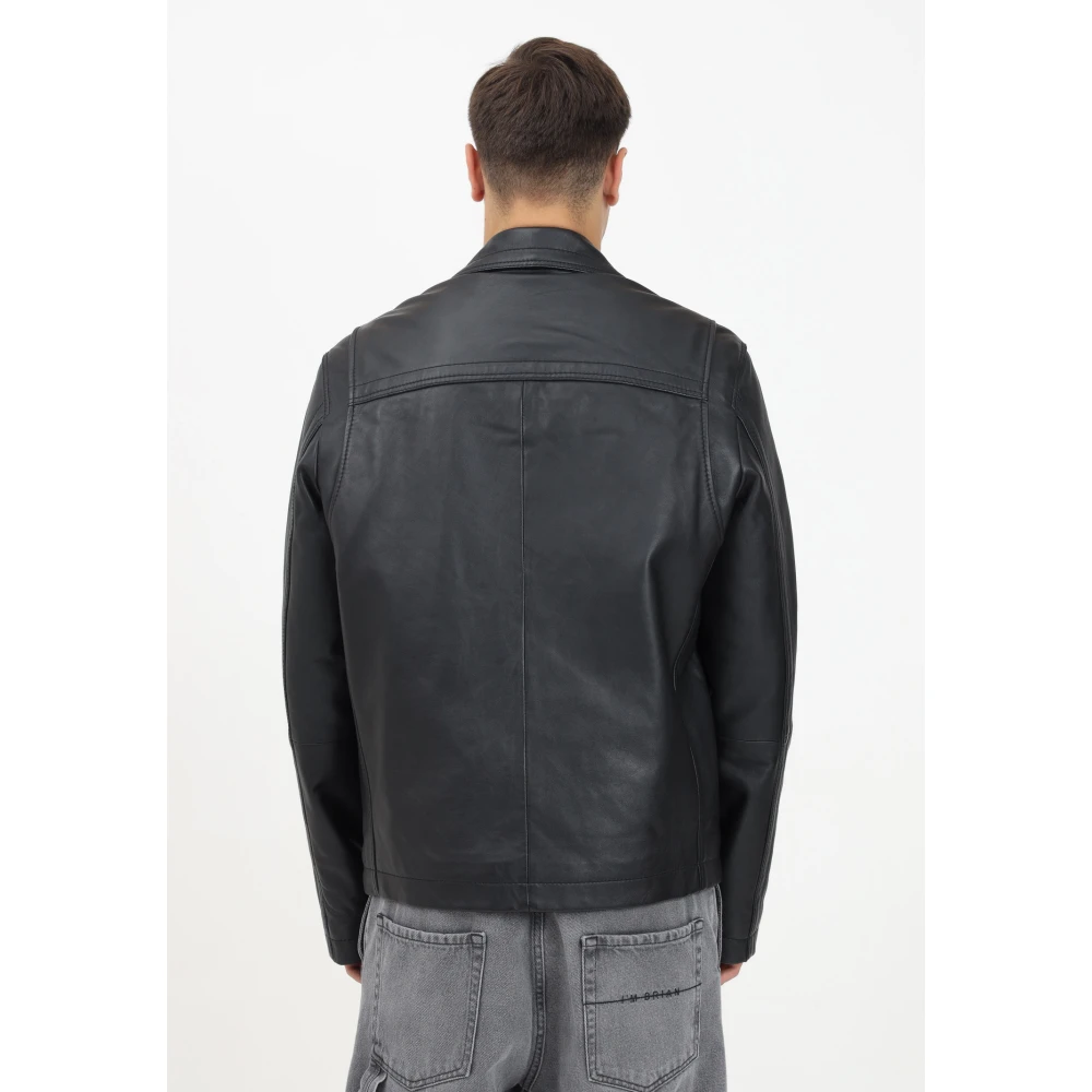 Versace Jeans Couture Zwarte leren motorjas met gouden details Black Heren