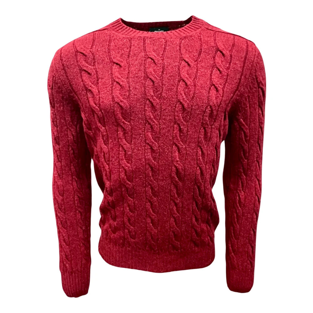 Gran Sasso Men's Red Round-Neck Knitwear, 2XL, Shetland Cable Knit Jumper,