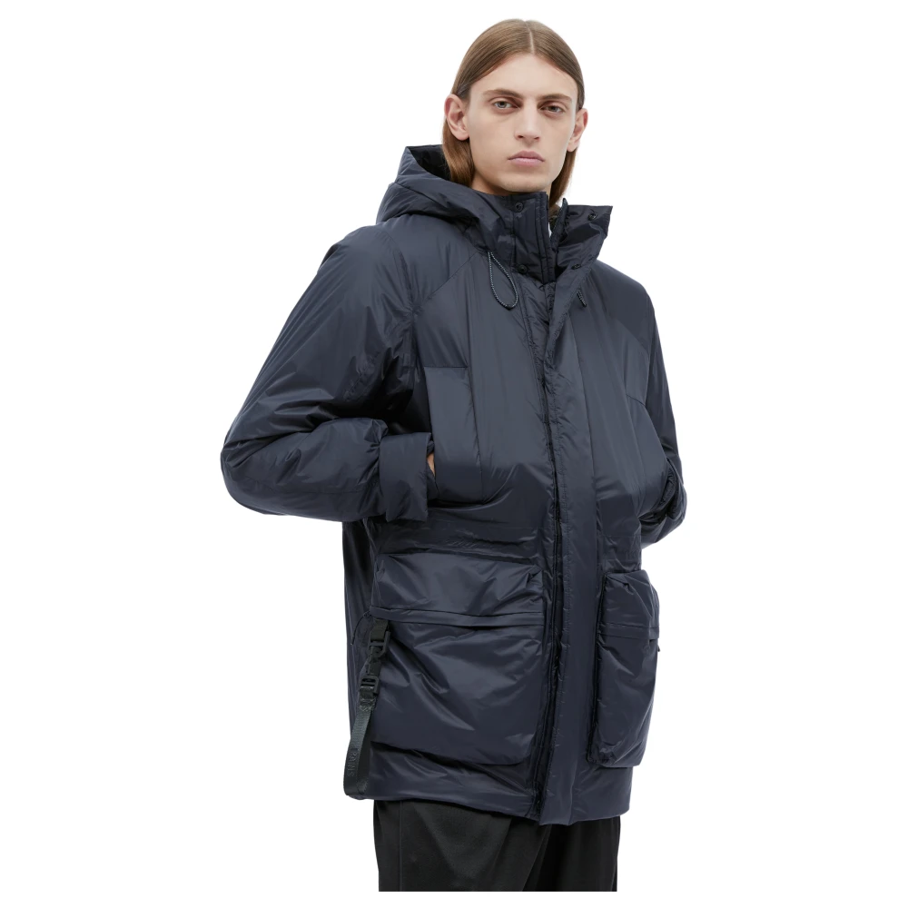 Rains Hooded Padded Parka with Logo Patch Blue Heren