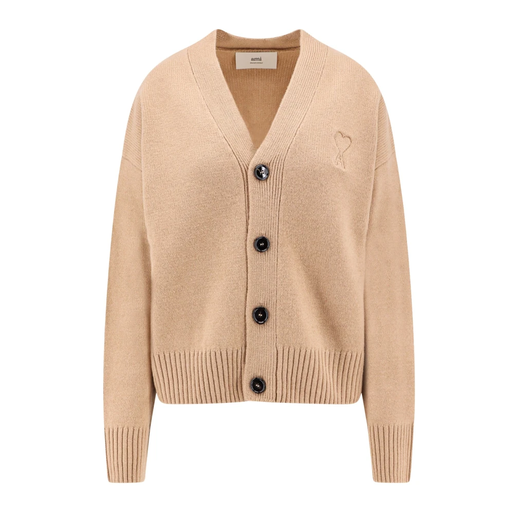 Ami Paris Broderad Logotyp Merinoull Cardigan Beige, Dam