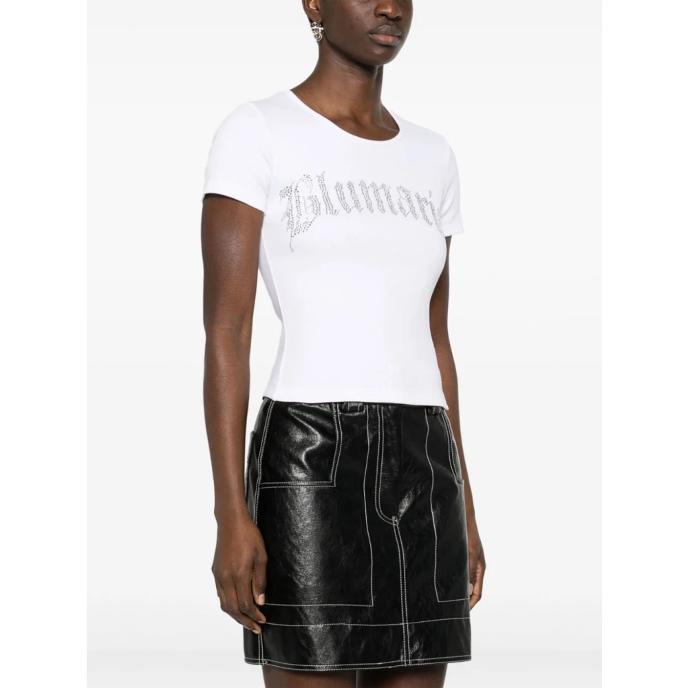 Blumarine Witte Geribbelde T-shirt met Strass Logo White Dames