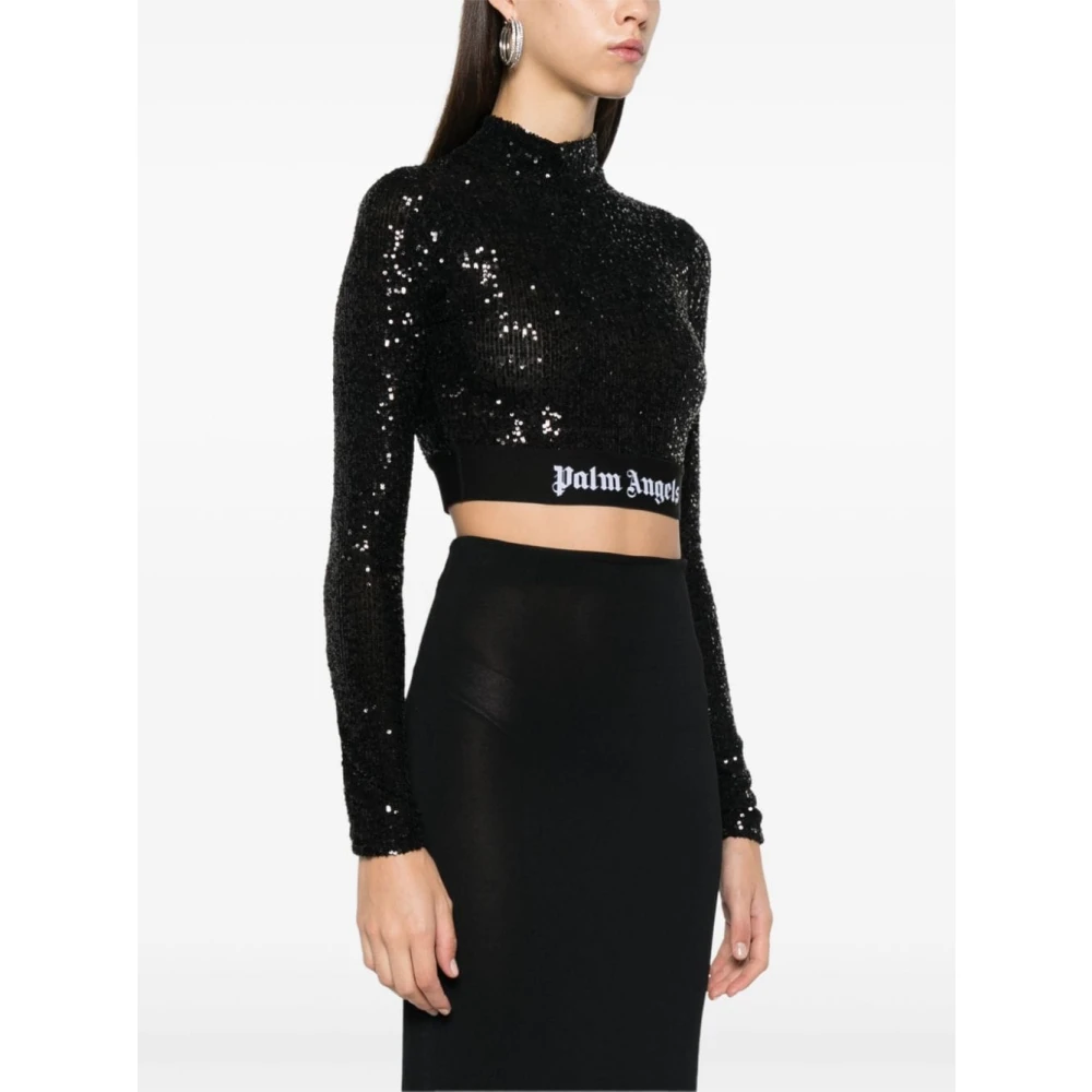 Palm Angels Zwart Paillet Lange Mouw Top Black Dames