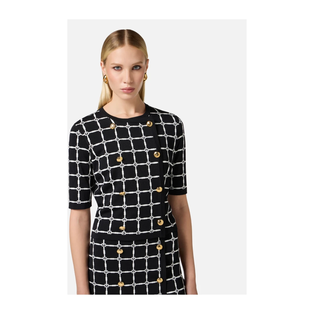Elisabetta Franchi Jacquard Logo Vest met Gouden Knopen Black Dames