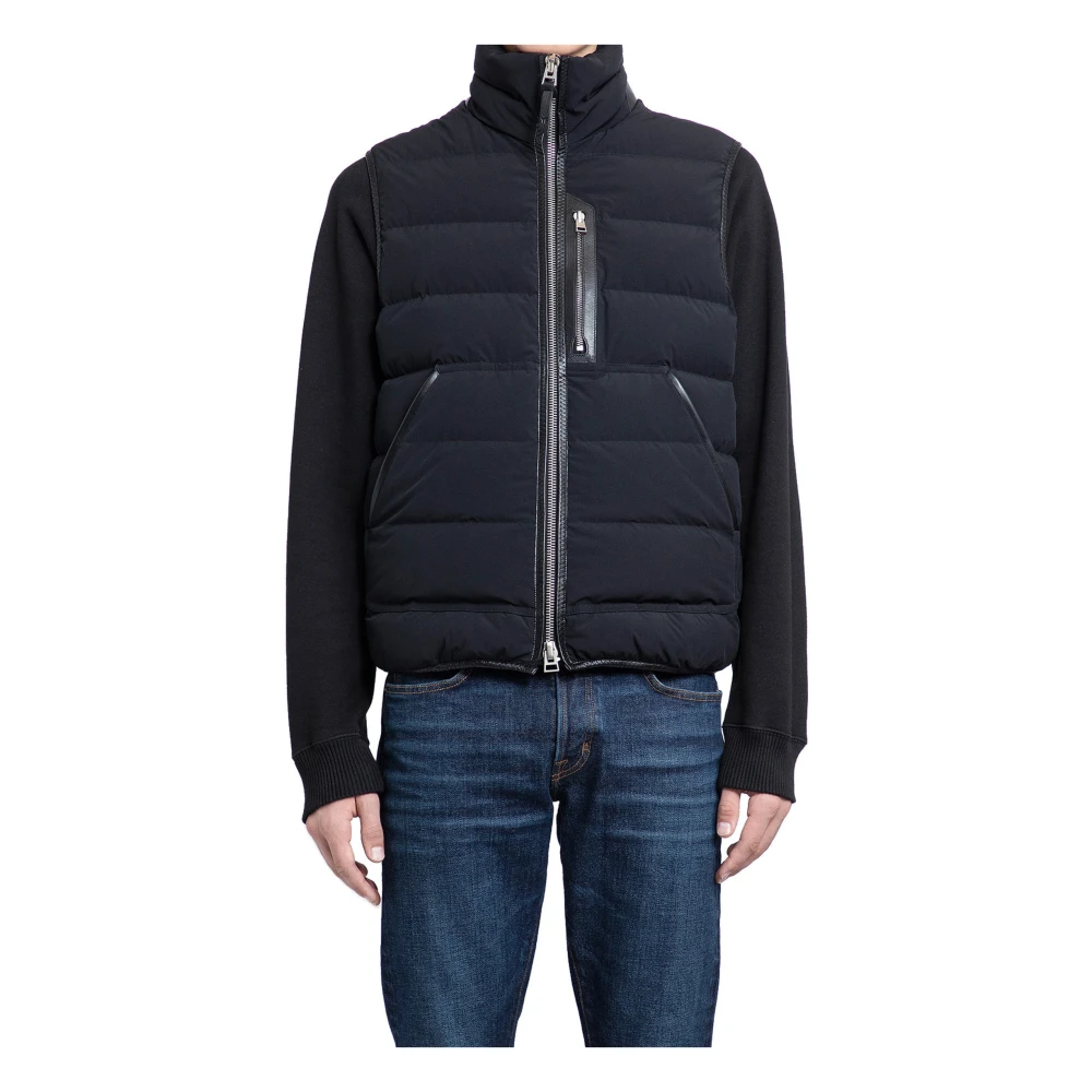 Tom Ford Gewatteerd Nylon Gilet met Leren Afwerking Black Heren