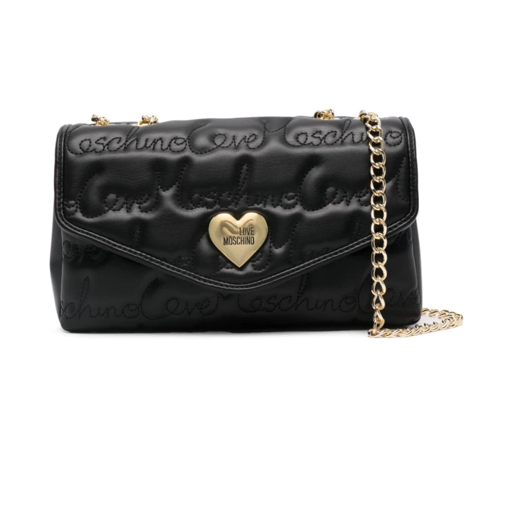 Love Moschino Zwarte Logo Geborduurde Schoudertas Black Dames