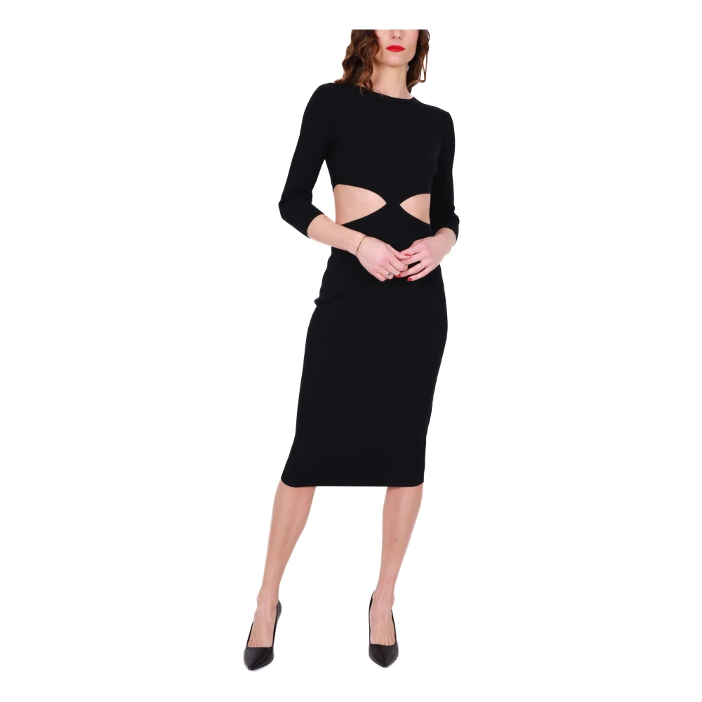 Elisabetta Franchi Zwarte Geribbelde Gebreide Midi Jurk met Uitsparingen Black Dames
