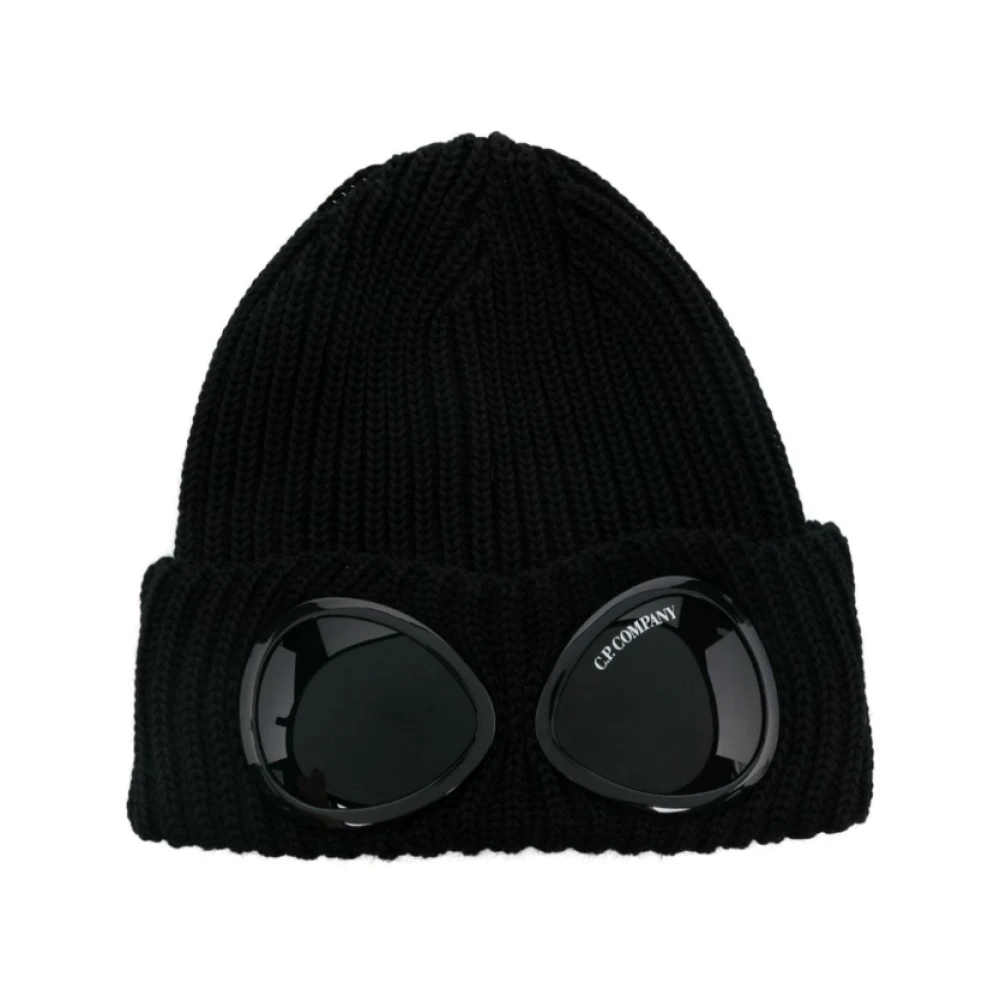 C.P. Company Zwarte Wol Ribgebreide Beanie Hoed Black Heren
