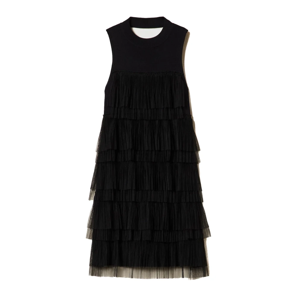 Twinset Elegant Svart Klänning med Tulle Volanger Black, Dam