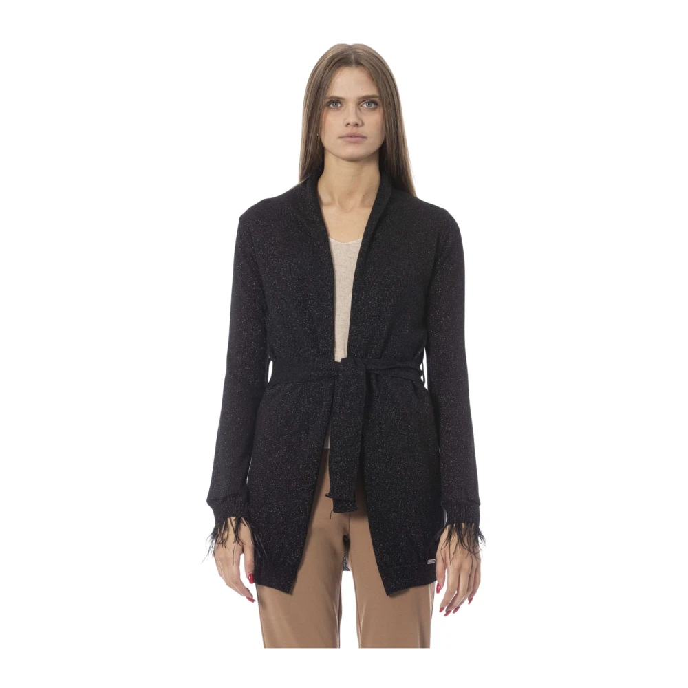 Baldinini Metallic Monogram Cardigan met Riem en Veren Black Dames