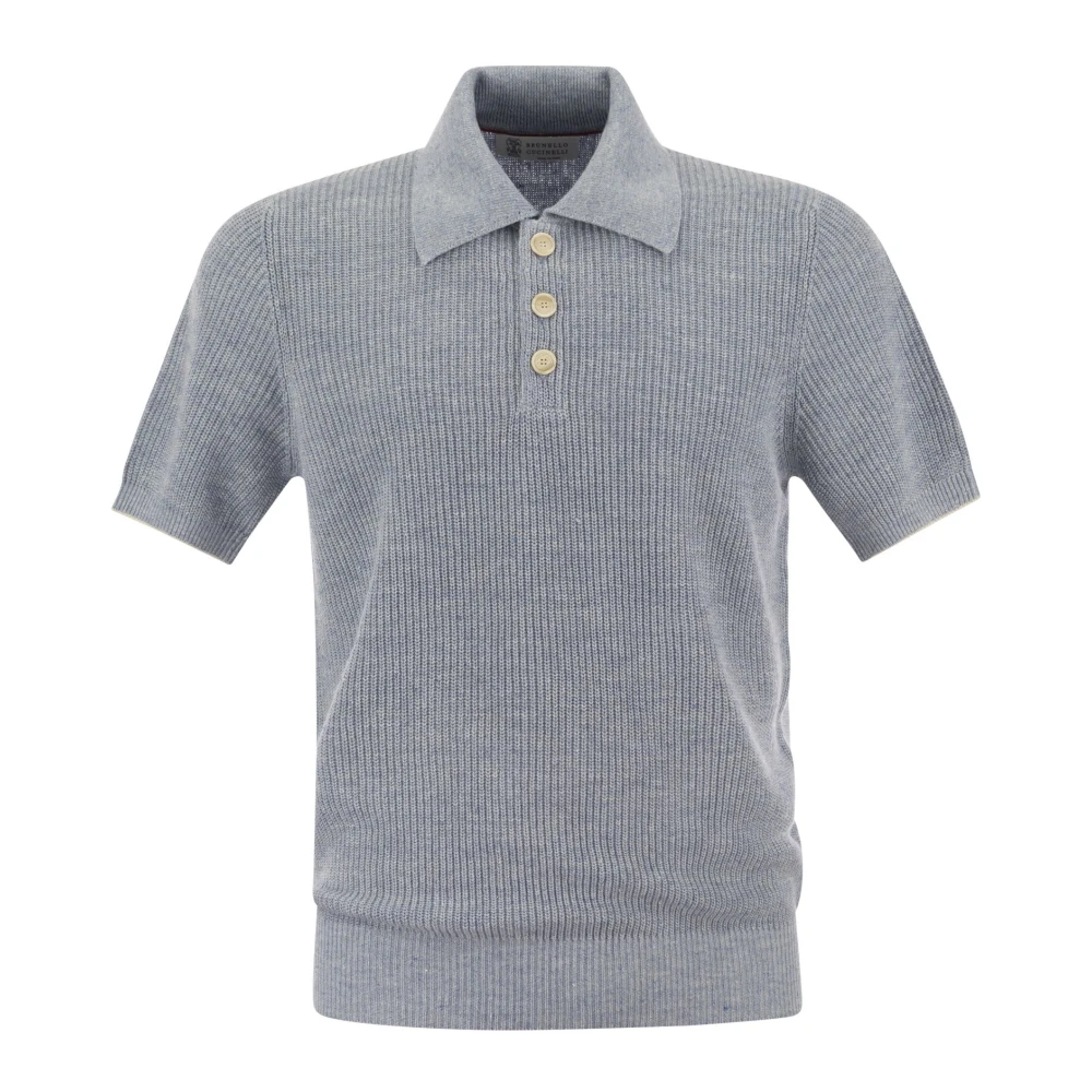 BRUNELLO CUCINELLI Polo shirt met halve ribbel in linnen en katoen met contrasterende details Blue Heren
