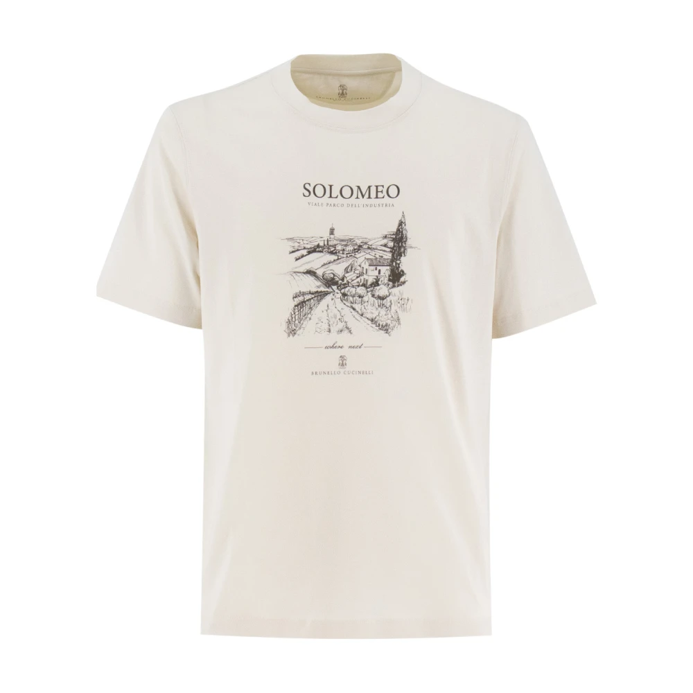 BRUNELLO CUCINELLI Lente Print Ronde hals Katoenen T-shirt White Heren