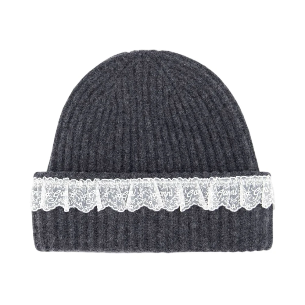 Ganni Compact Wool Lace Beanie - Female - Accessories - Gray - One Size - Accessories