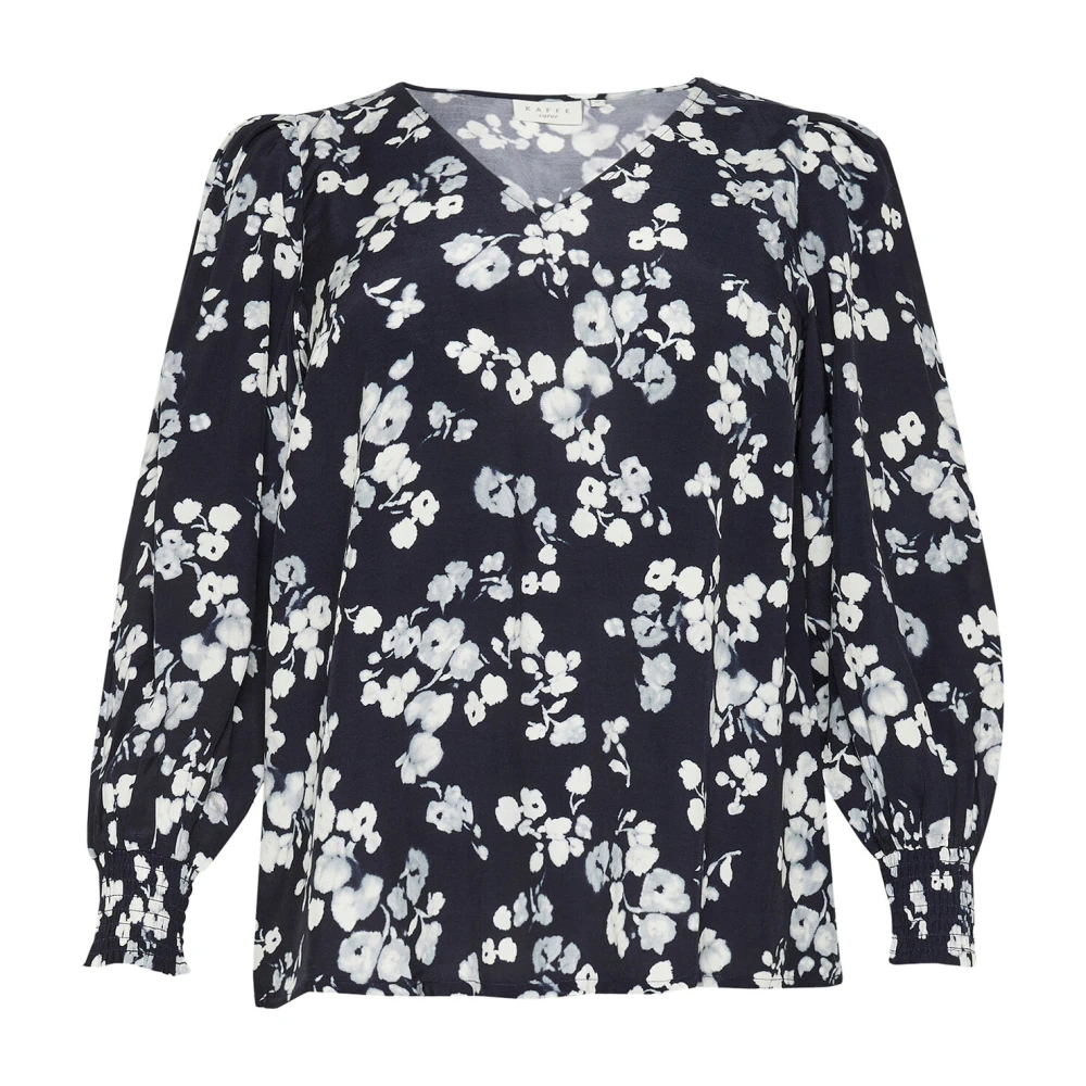 Kaffe Curve Marine Flower Blouse met Pofmouwen Blue Dames