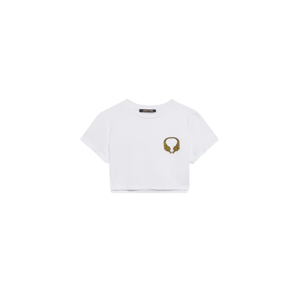Roberto Cavalli Cotton Crop Top With Tigers - Female - T-Shirts - White - S - Tops