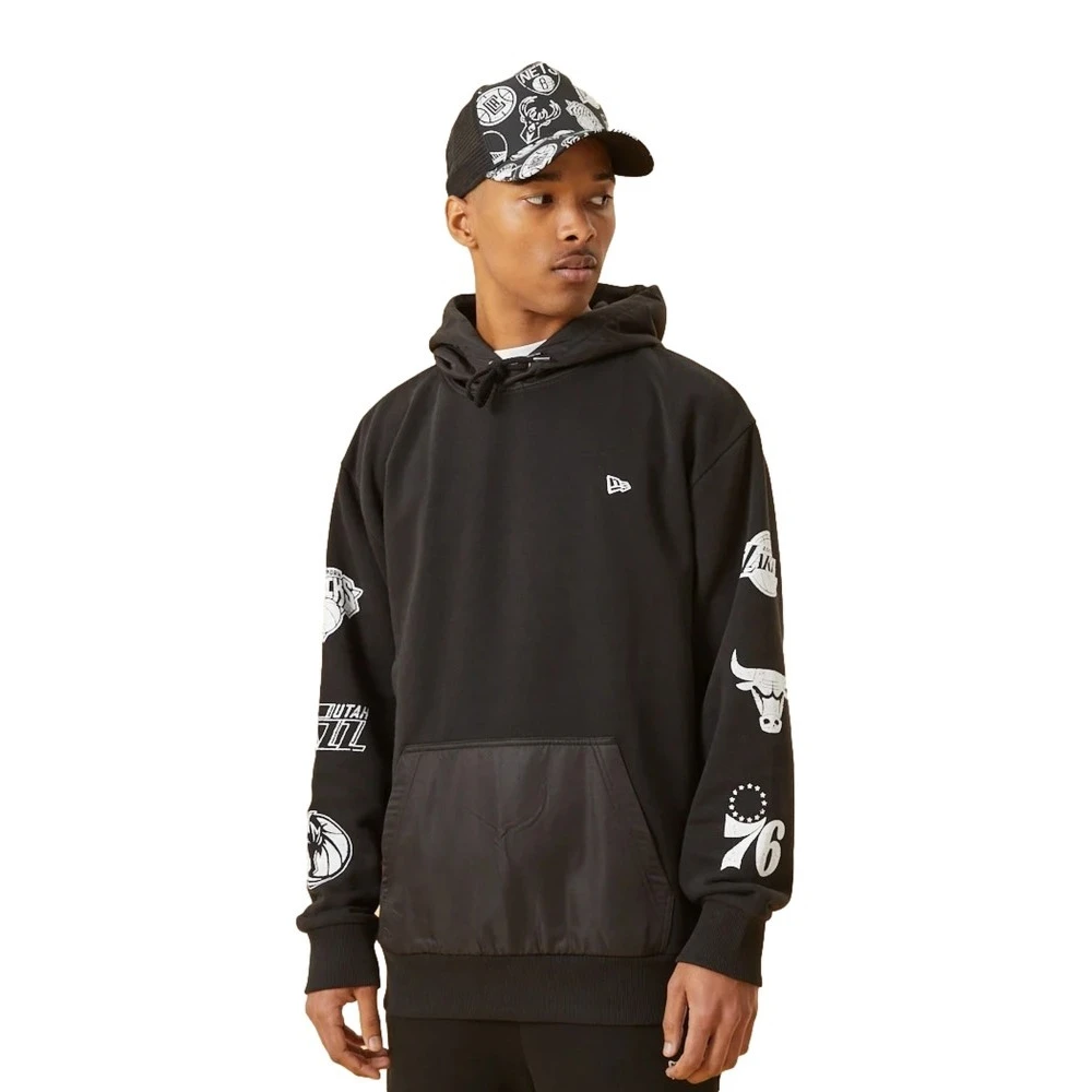 New era Zwarte versleten mouwprint hoody Black Heren