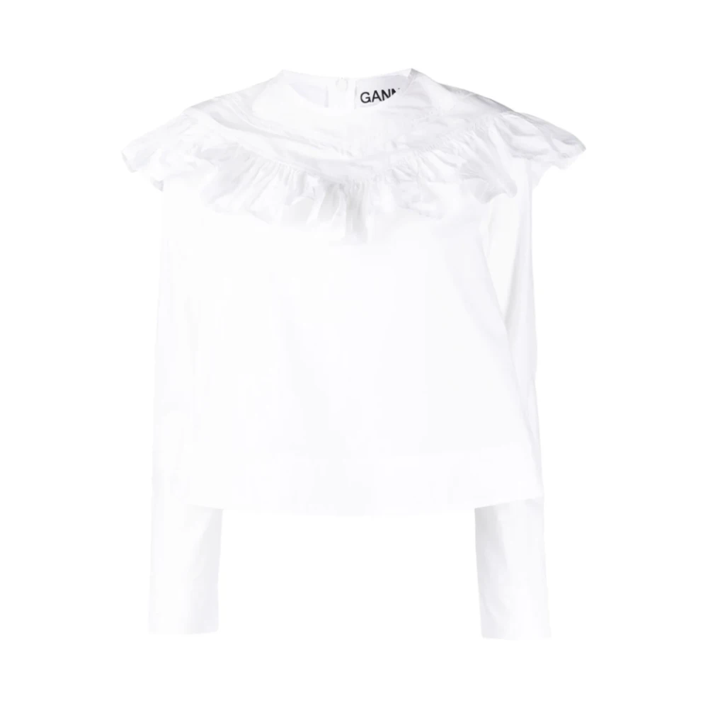 Ganni Ruche Blouse in Bright White Katoen White Dames