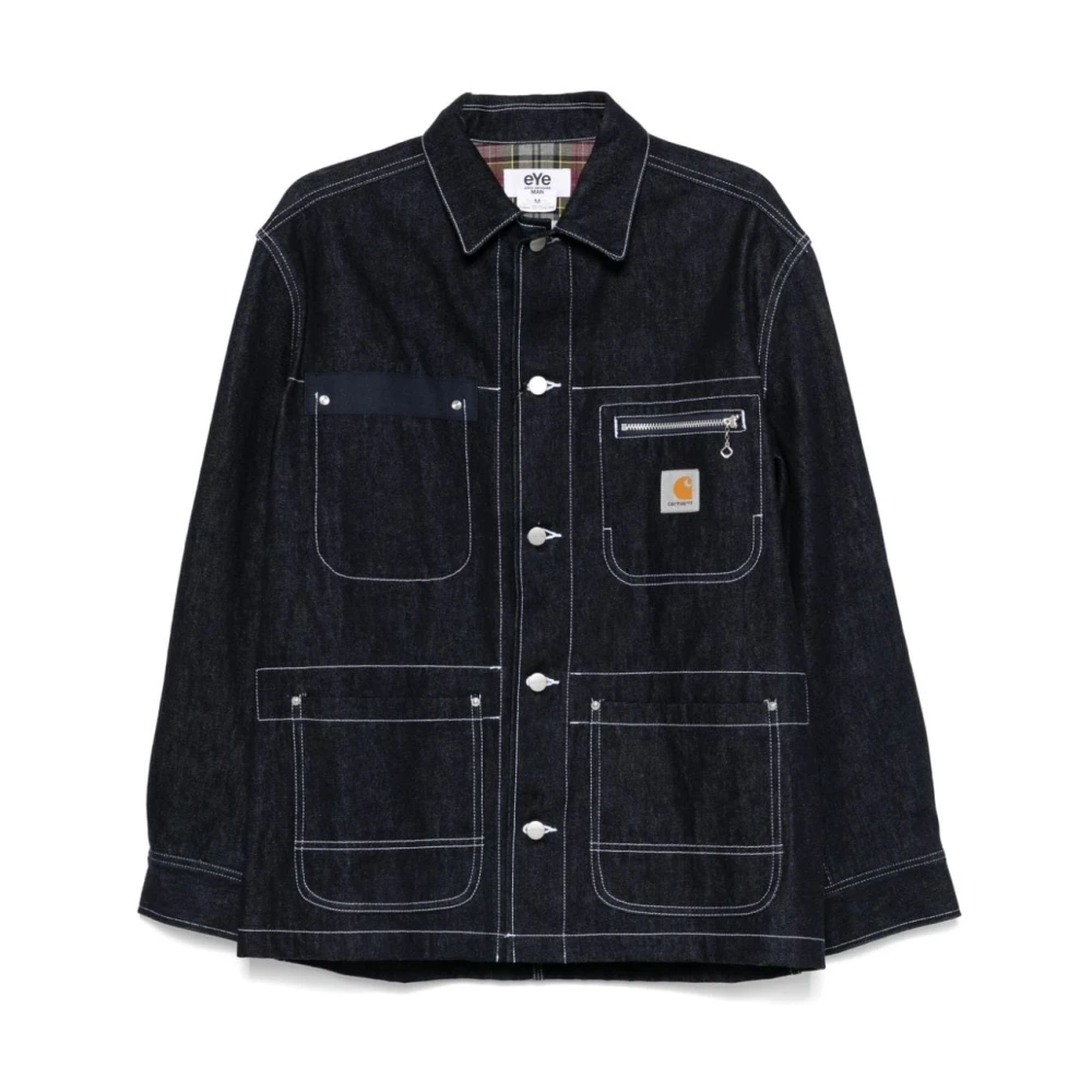 Junya Watanabe Blauwe Denim Logo Patch Jas Blue Heren