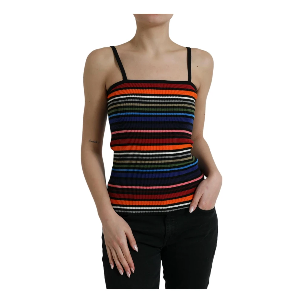 Dolce & Gabbana Women's Multicolor Sleeveless Tops, 2XS, Striped Cotton Blend Spaghetti Strap Tank Top