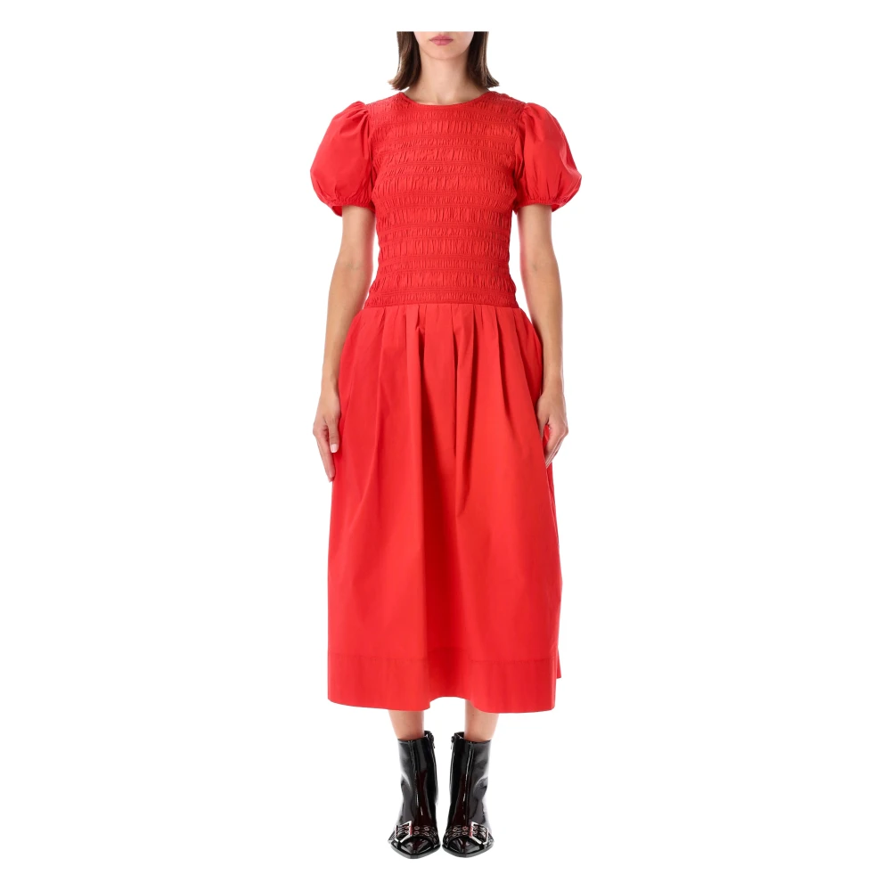 Ganni Dress In Smocked Cotton - Female - Midi Dresses - Red - Xs - Dresses