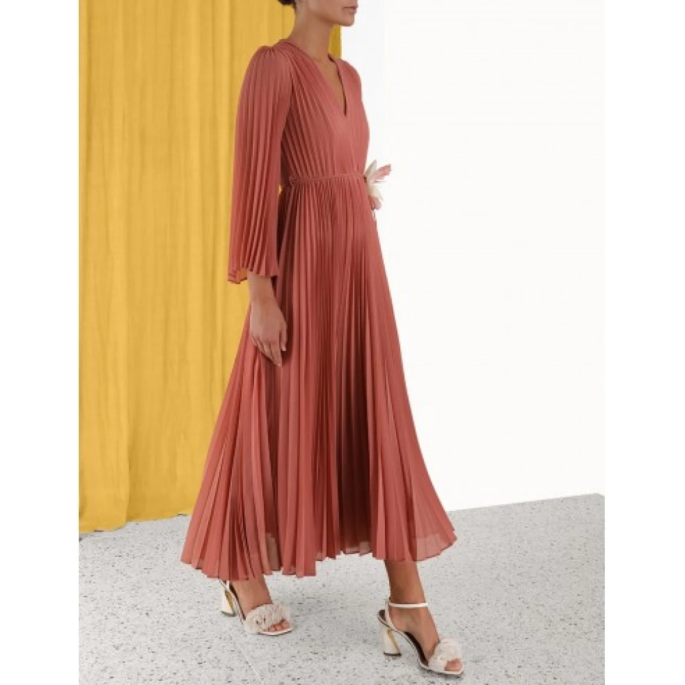 Zimmermann Terracotta Midi Jurk met Zonnestralen Plooien en Uitlopende Mouwen Brown Dames