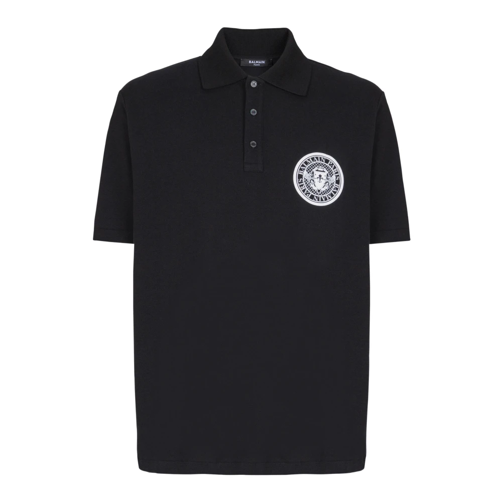 Balmain Black Cotton Polo Hirt With "Coin" Print - Male - Polo Shirts - 2XL - Tops