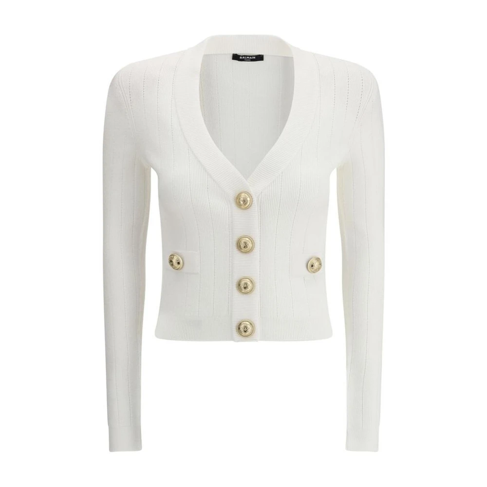 Balmain Monochrome V-hals Cardigan met reliëf knoopsluiting White Dames