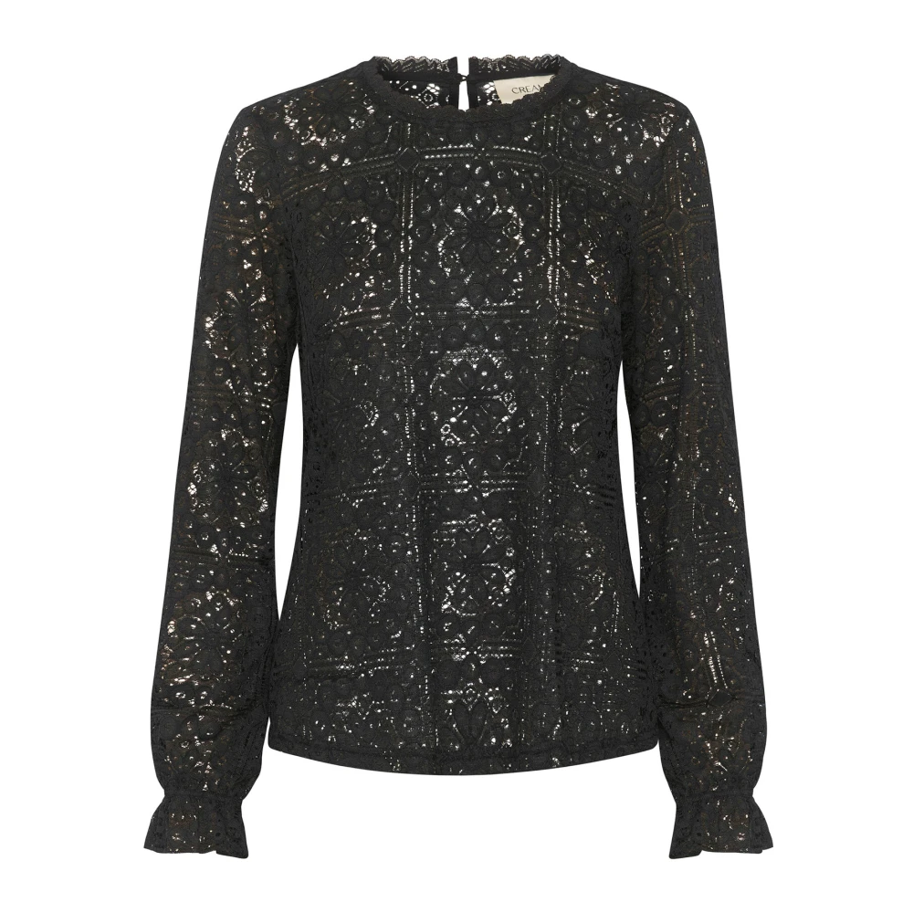Cream Women's Black Blouses,, Lace Blouse With Puff Sleeves Extra Small
