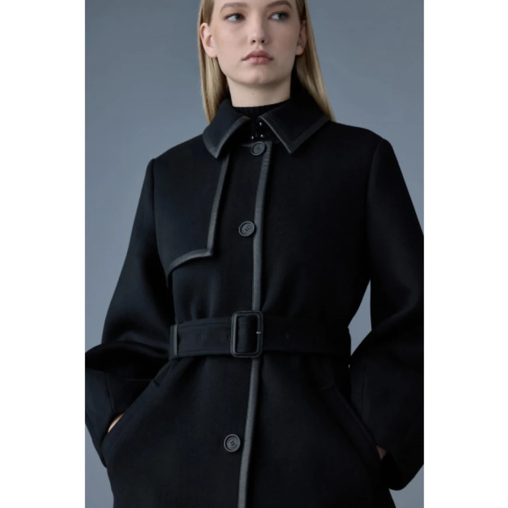 Mackage Zeva Lange wollen ballonmouw trenchcoat met leren detail Black Dames