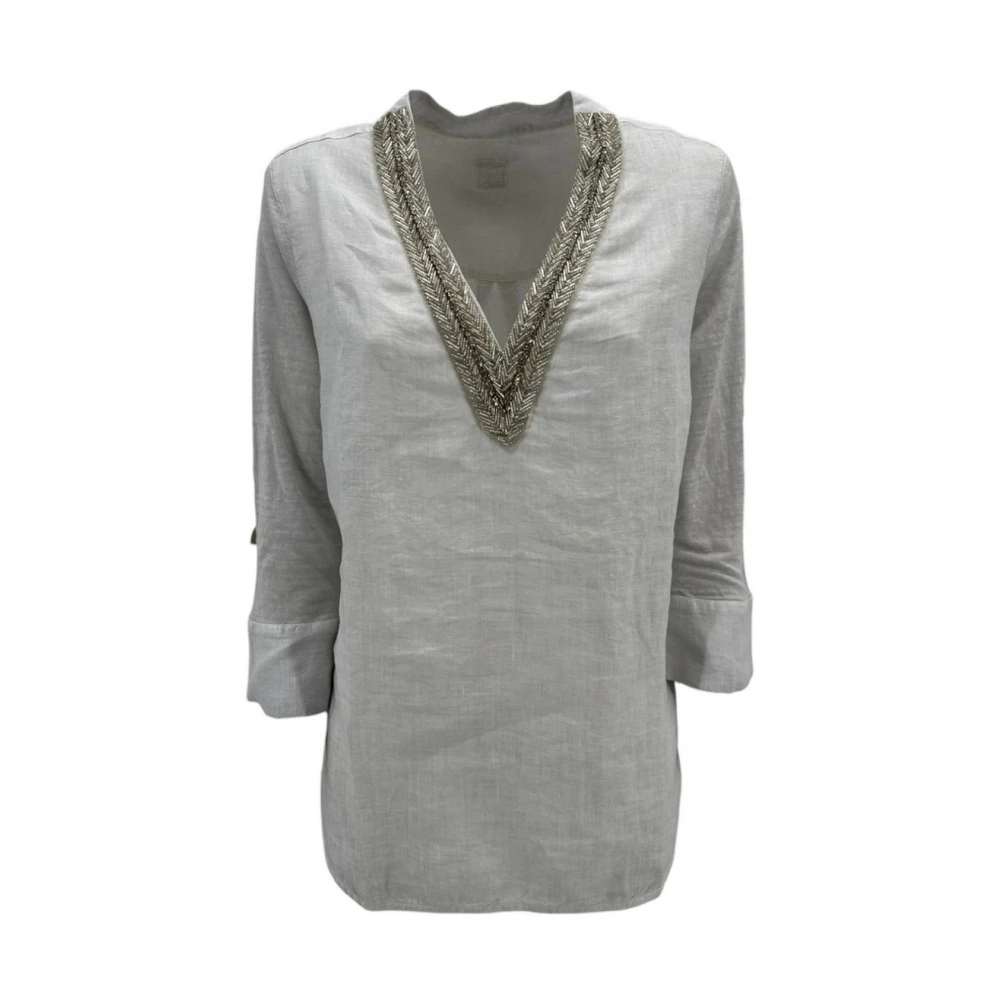 120% lino Parel Linnen Blouse met Kralenversieringen White Dames