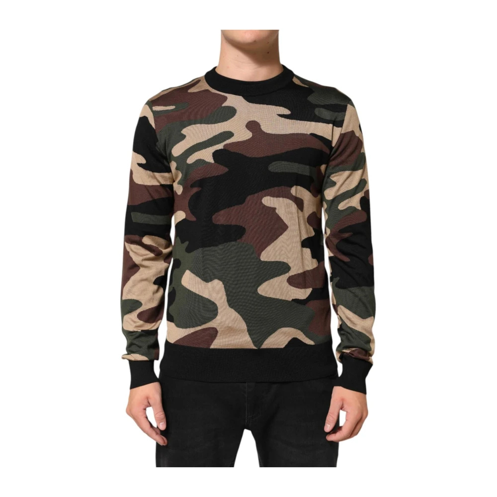 Dolce & Gabbana Men's Multicolor Round-Neck Knitwear, L, Camouflage Crew Neck Pullover Jumper