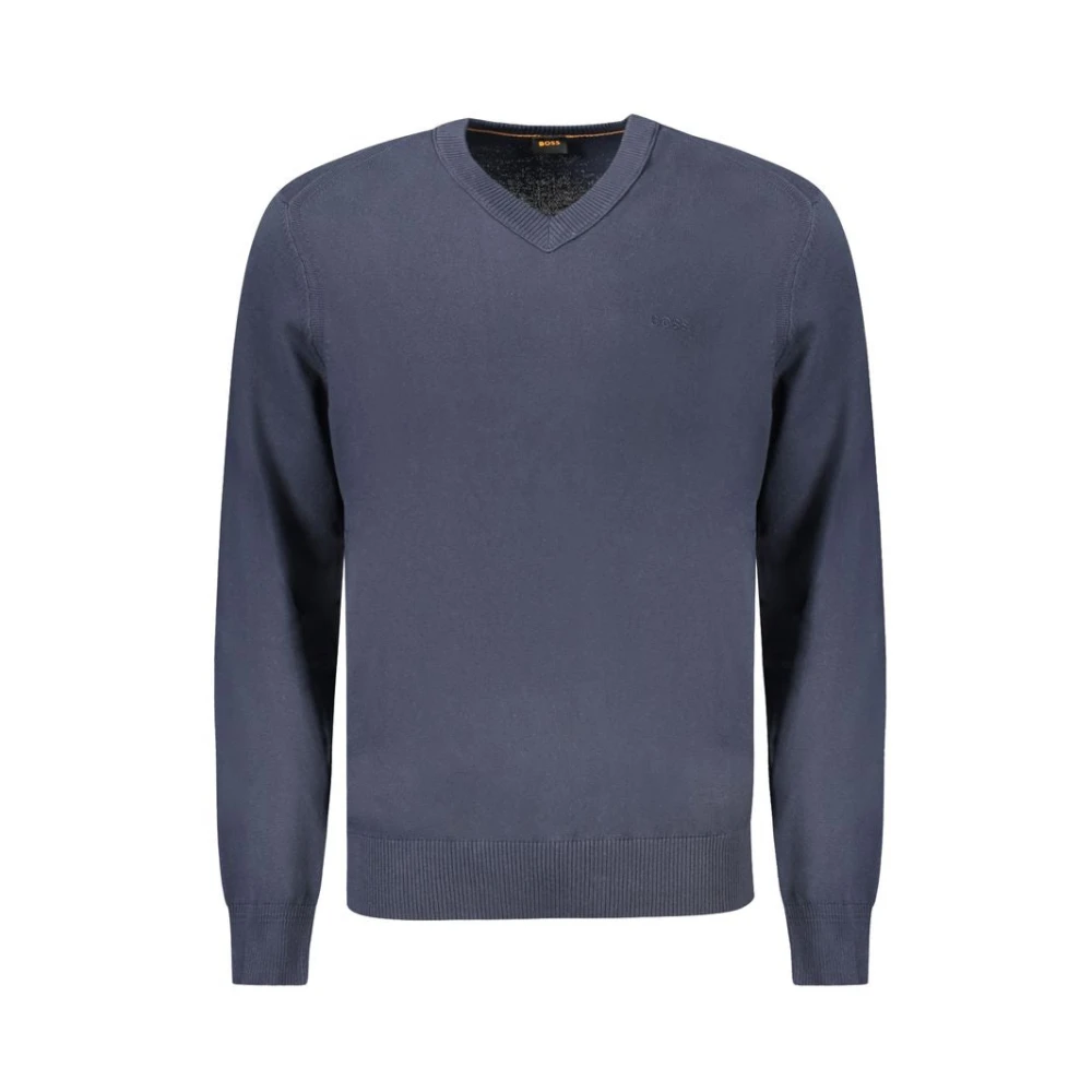 Hugo Men's Blue V-Neck Knitwear, S, Cotton Jumper With V-Neck Embroidery