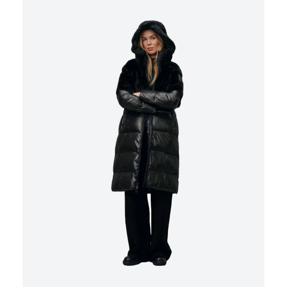 Blauer Lange nylon puffer met eco bont Black Dames