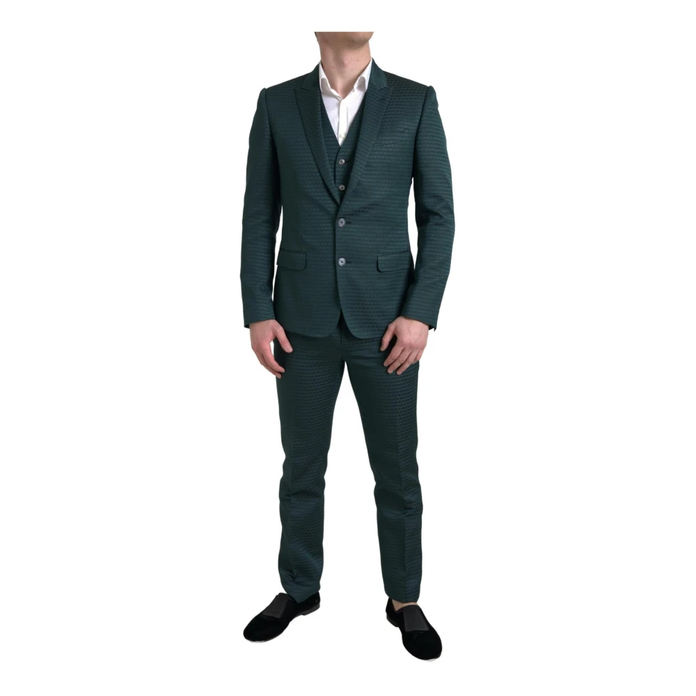 Dolce & Gabbana Groen Gestreept Slim Fit Pak Green Heren