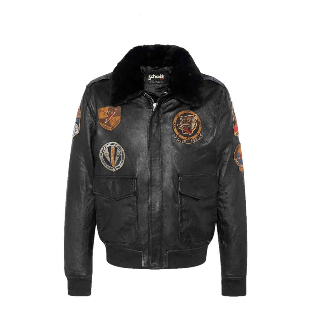 Schott NYC Gepatchte Flight Jacket van lamsleer Zwart Black Heren