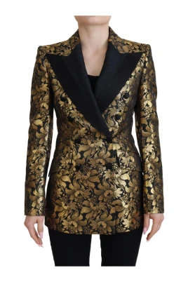 Elegant svart-guld blommig jacquard blazer