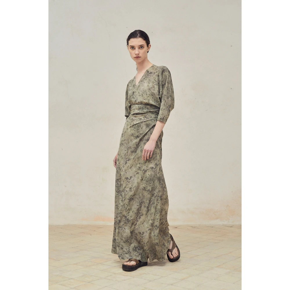 Cortana Zijden Herba Print Gekruiste Jurk Green Dames