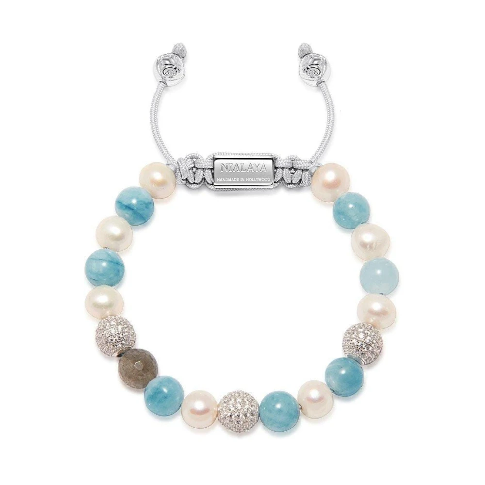 Nialaya Women's Beaded Bracelet with Aquamarine, Pearl, and Labradorite Gray, Dam