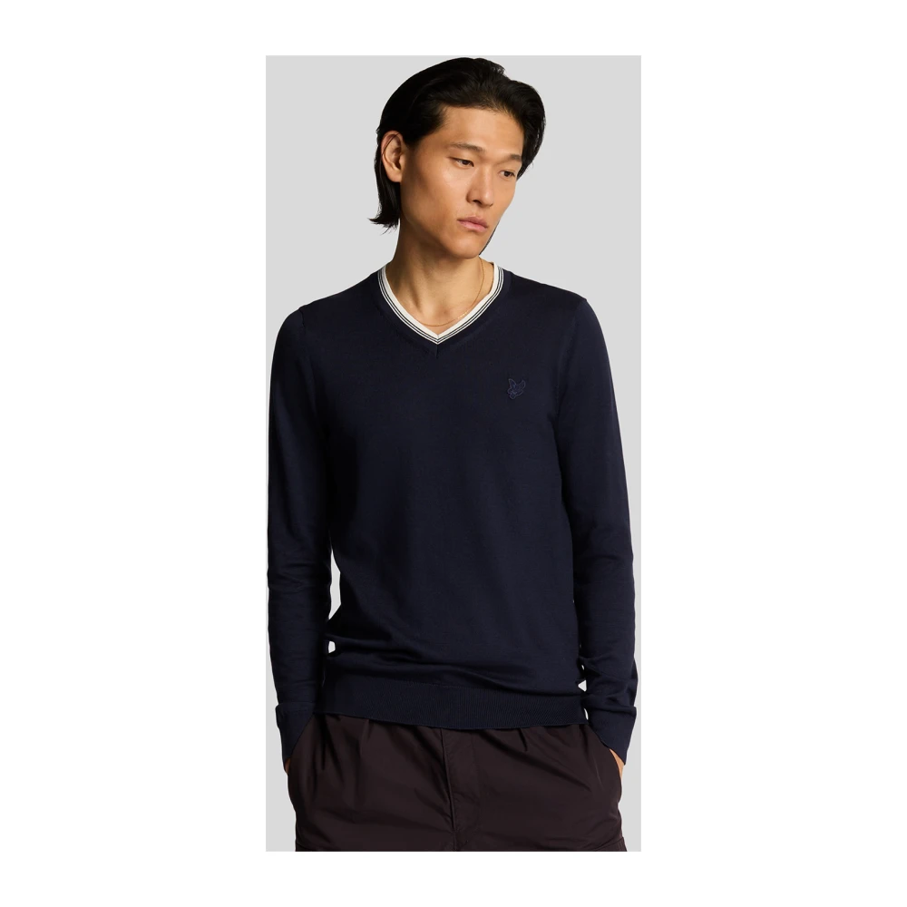 Lyle & Scott Mid Knits Tipped V Neck Jumper Blue Heren