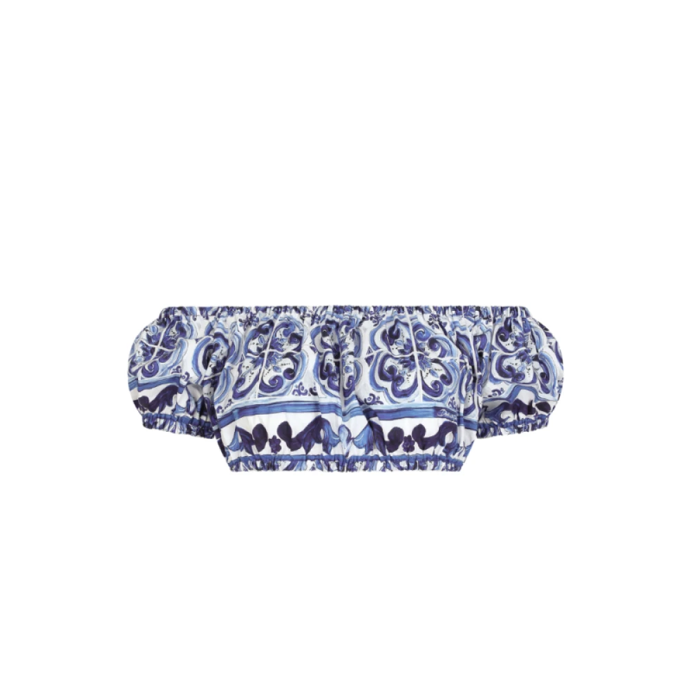 Dolce & Gabbana Gedrukte Majolica Katoenen Poplin Crop Top Blue Dames
