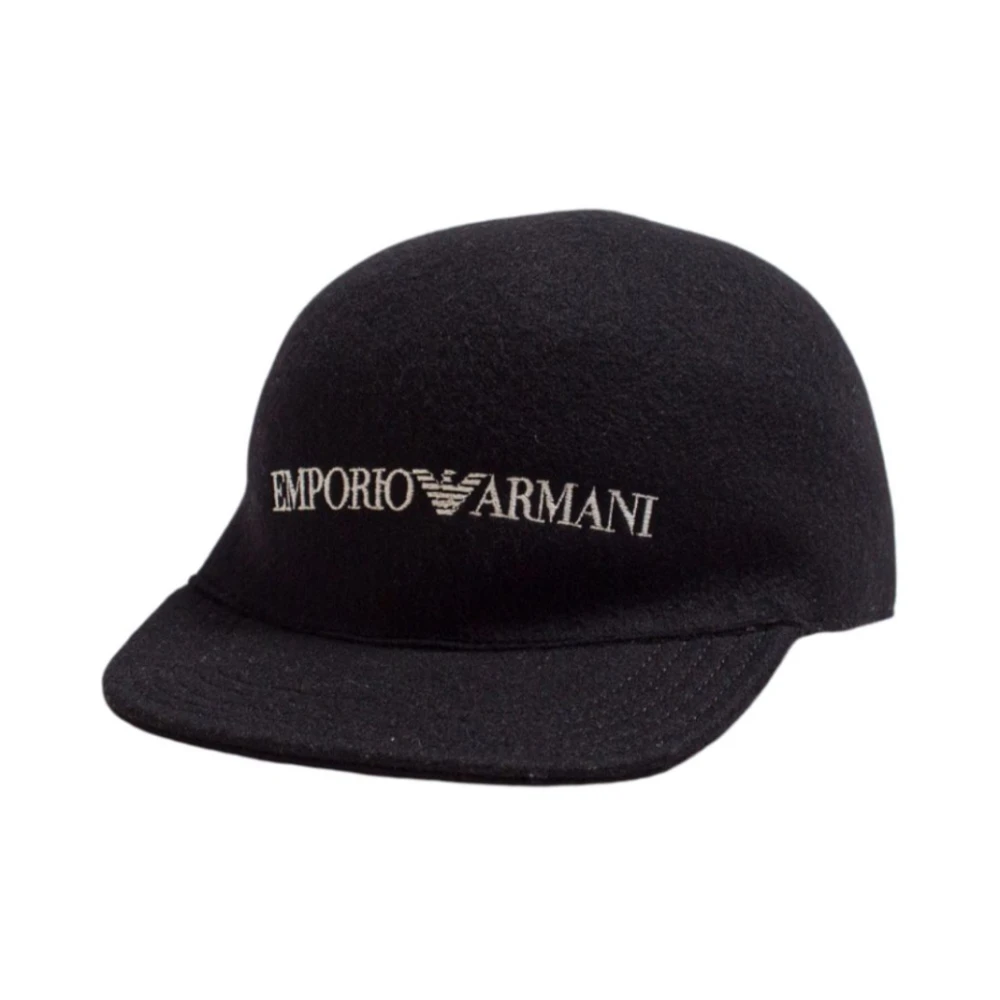 Emporio Armani Zwarte Wol Herenpet met Wit Logo Lettering Black Heren