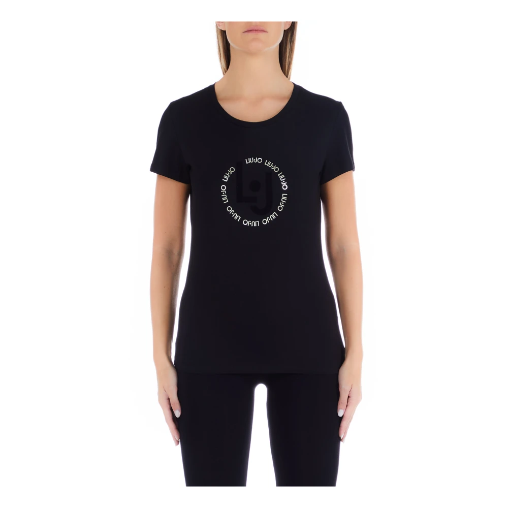 Liu Jo Zwarte katoenen stretch T-shirt met Flock Logo Black Dames
