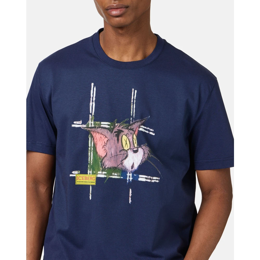 Iceberg Klassiek regular fit blauw T-shirt van katoenen jersey met Tom-print op de voorkant Blue Heren