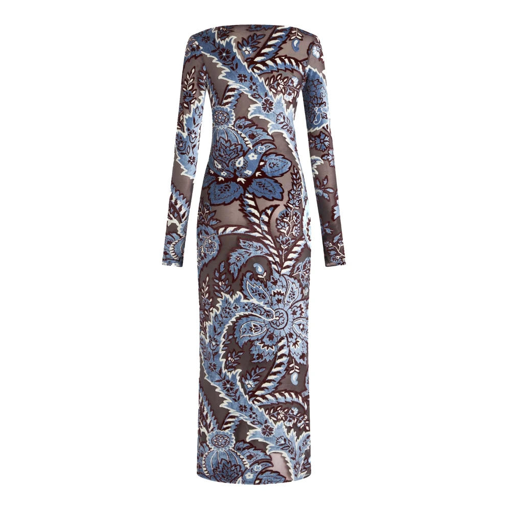 ETRO Heldere Blauwe Bloemen Paisley Fluweel Jurk Multicolor Dames