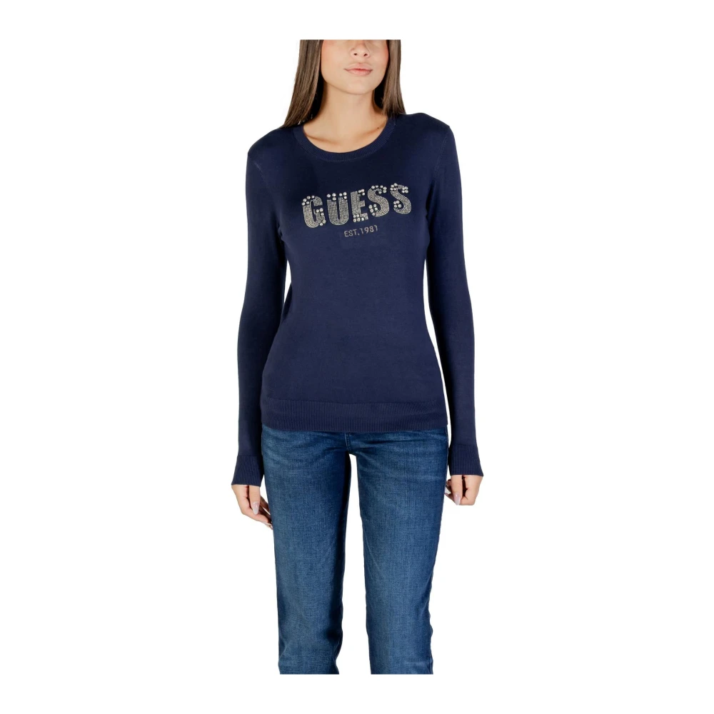 Guess Women's Blue Long Sleeve T-Shirts, Xs, Knitwear With Rhinestone Details