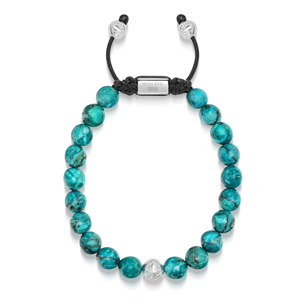 Nialaya Men's Gray Bracelets, L, Beaded Bracelet With Turquoise And Sterling Silver Beads