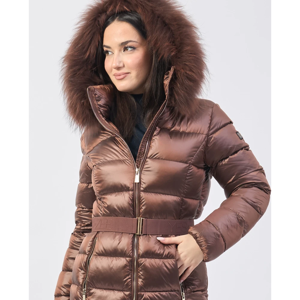 YES ZEE Gewatteerde Bruine Jas met Bontcapuchon Brown Dames
