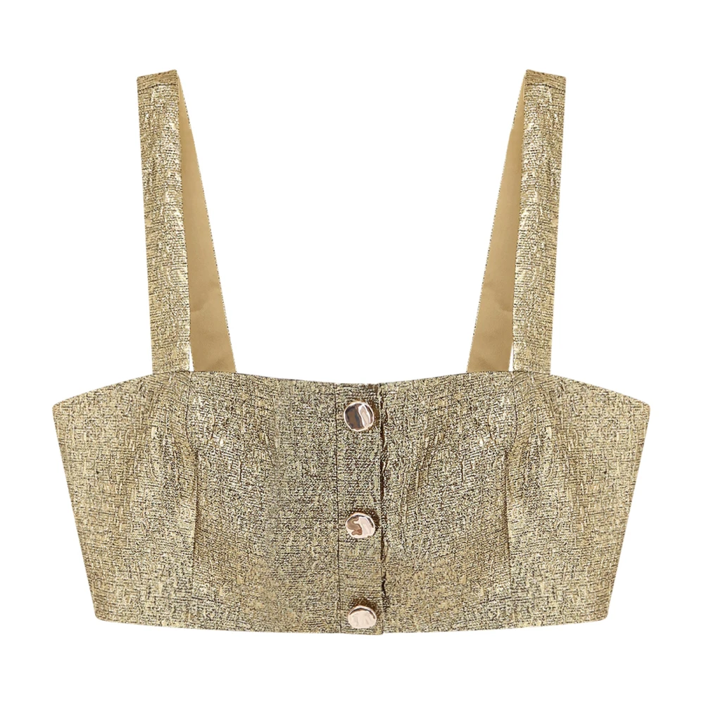 Self Portrait Metallic Crop Top met Jewel Buttons Yellow Dames