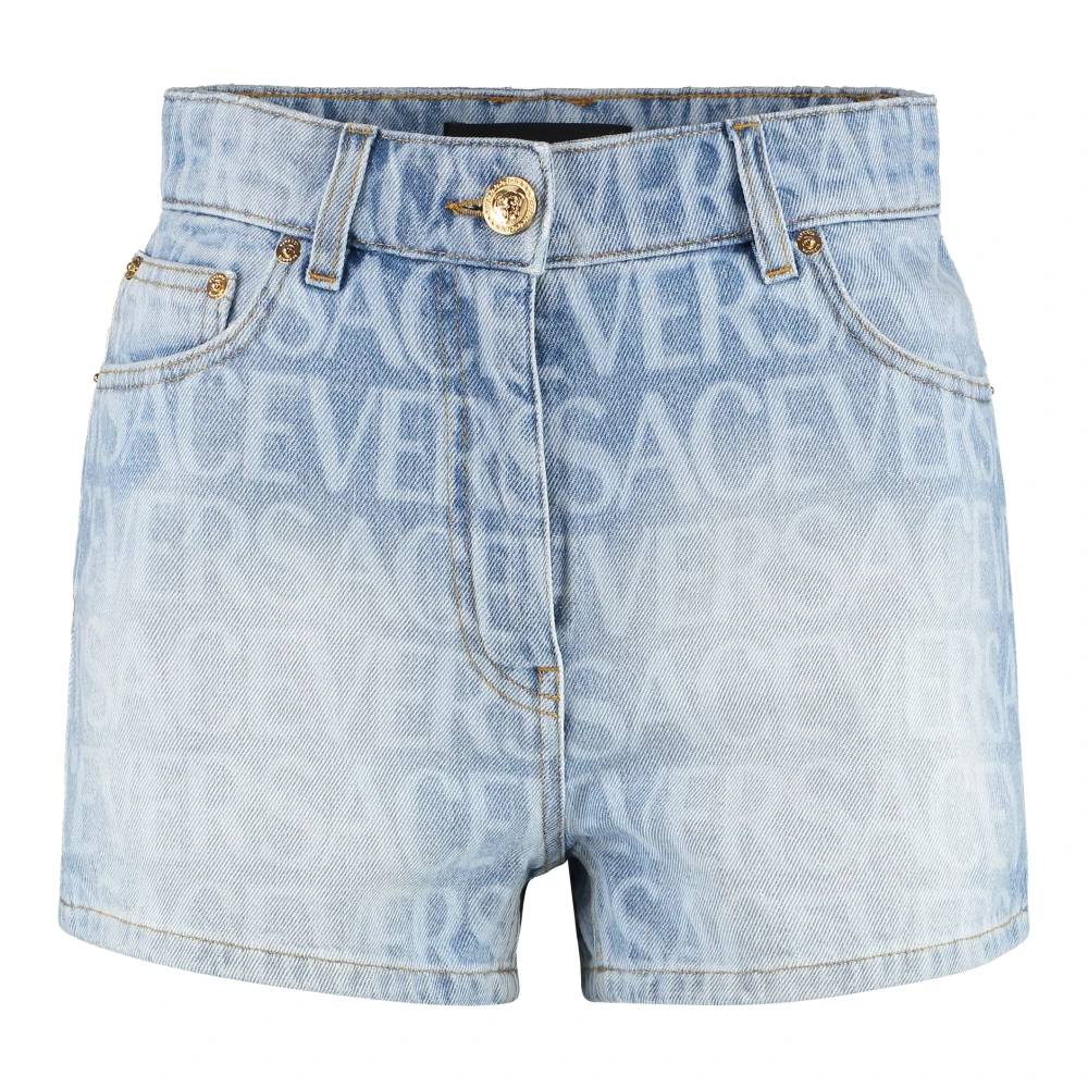 Versace Denim Shorts met Logo Print Blue Dames